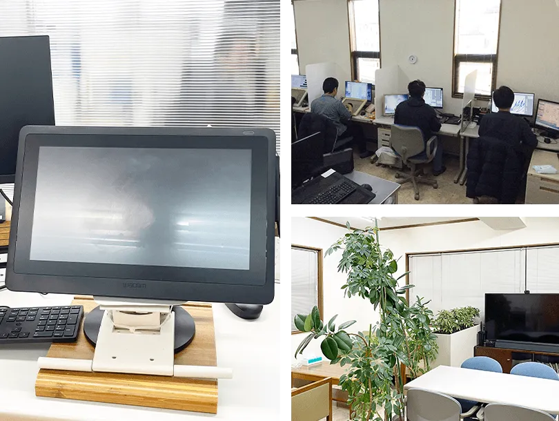 いわき拠点の様子。モニターと液晶タブレットが置かれた作業デスク、スタッフが作業している執務スペース、観葉植物とテーブルが置かれた共用スペース