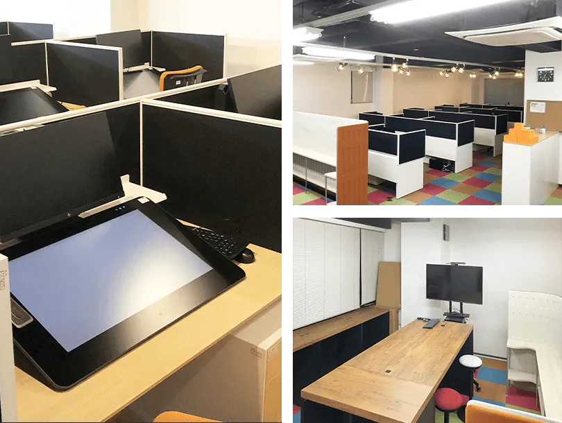 大阪拠点の様子。液晶タブレットが設置された作業デスク、パーテーションで区切られた作業席が並ぶ執務スペース、大型モニターが設置された打ち合わせスペース